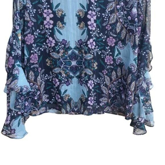 90's Iz Byer Boho Ruffled Bell Sleeve Metallic Threading FLoral Blouse Blue Sz L - Picture 7 of 12